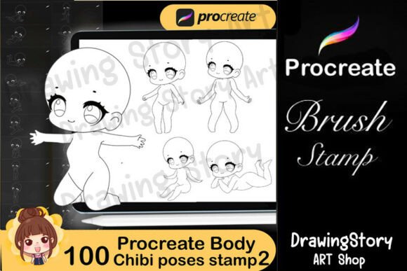 Download 100 Procreate Chibi Poses Body Stamps2 - Procreate Collection