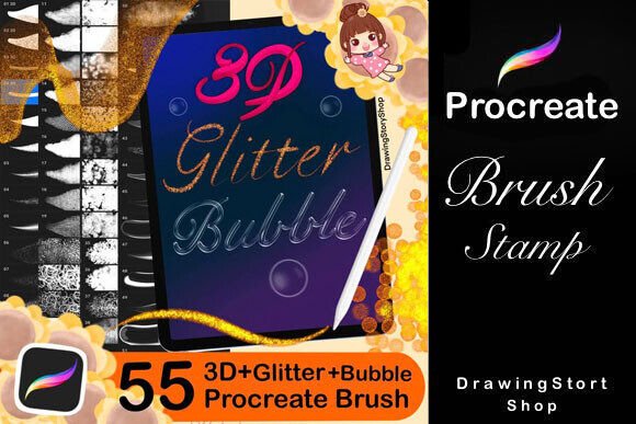 Download 55Procreate Glitter+3D Lettering+Bubbles - Procreate Collection